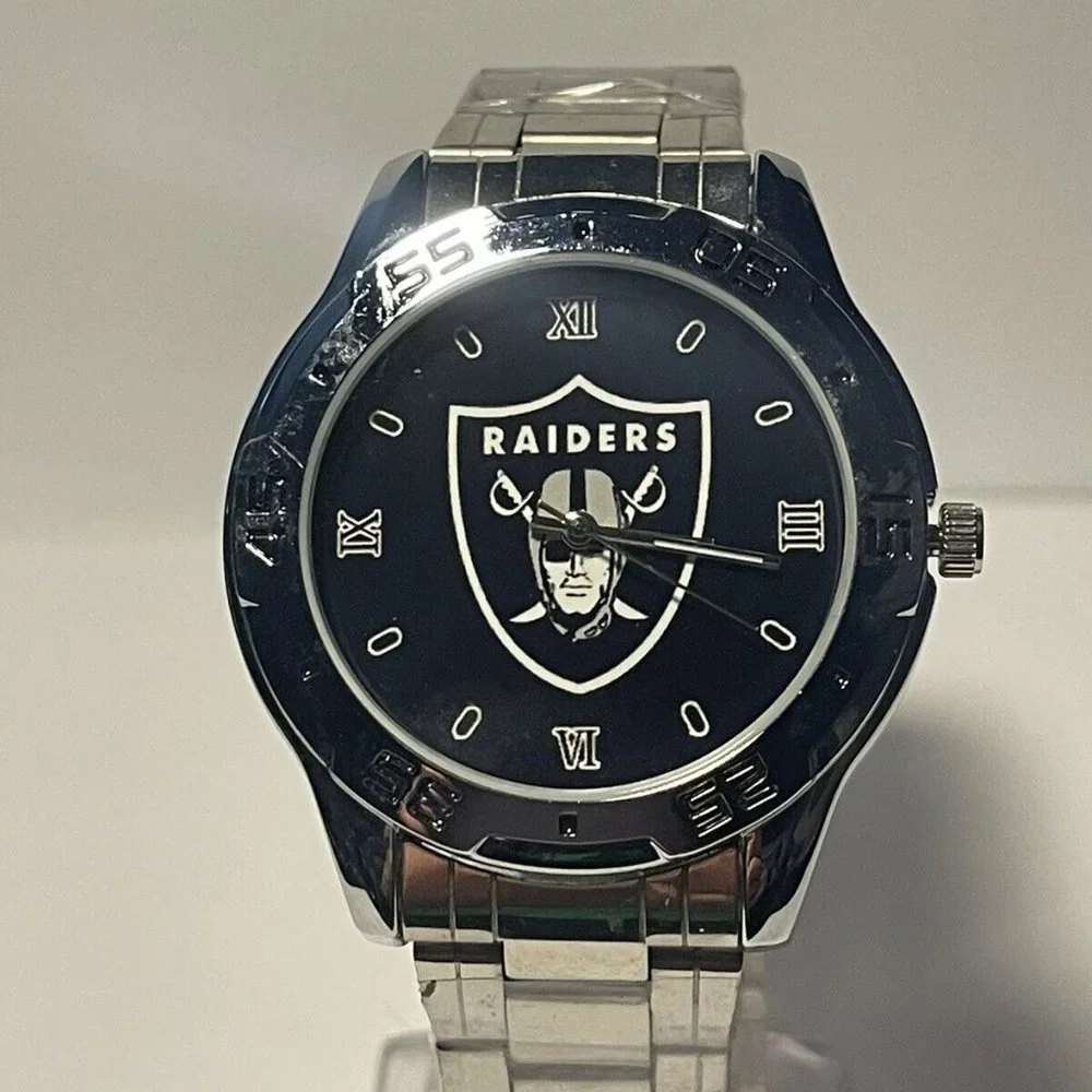 Oakland Raiders NFL Team Logo Stainless-Steel Link Silver Men's Watch NEW